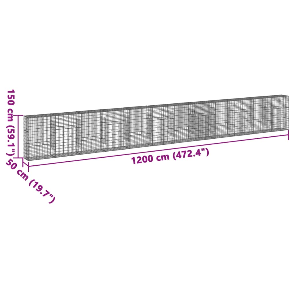 vidaXL Gabionska košara s pokrovom 1200x50x150 cm pocinkano železo