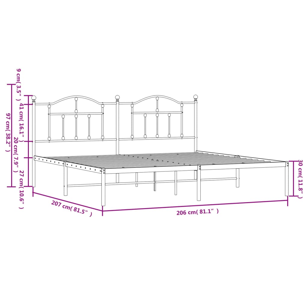 vidaXL Kovinski posteljni okvir z vzglavjem črn 200x200 cm