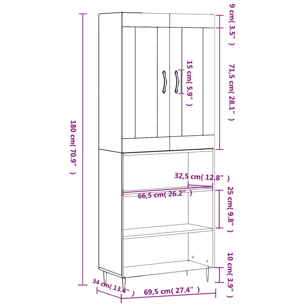 vidaXL Visoka omara bela 69,5x34x180 cm inženirski les