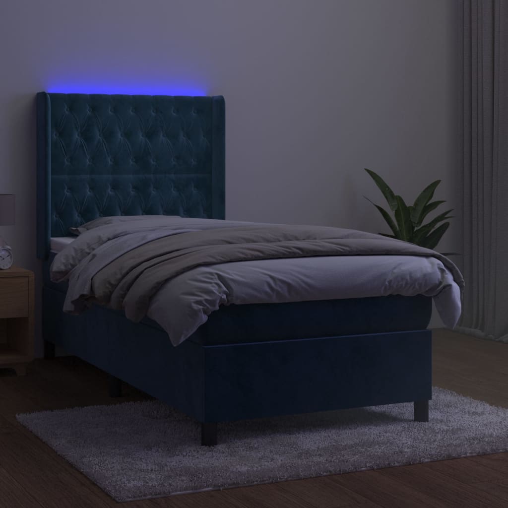 vidaXL Box spring postelja z vzmetnico LED temno modra 100x200cm žamet