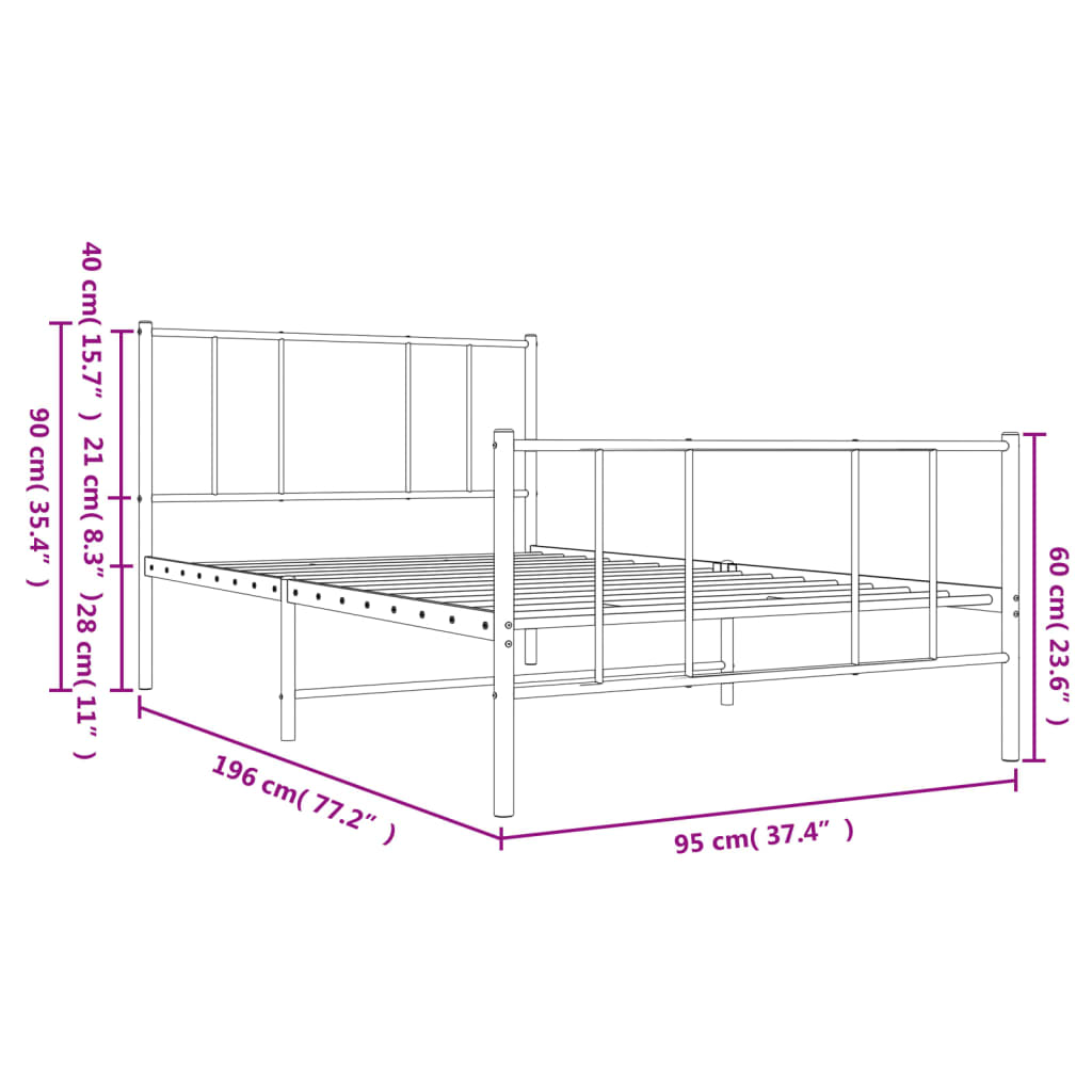 vidaXL Kovinski posteljni okvir z vzglavjem in vznožjem črn 90x190 cm