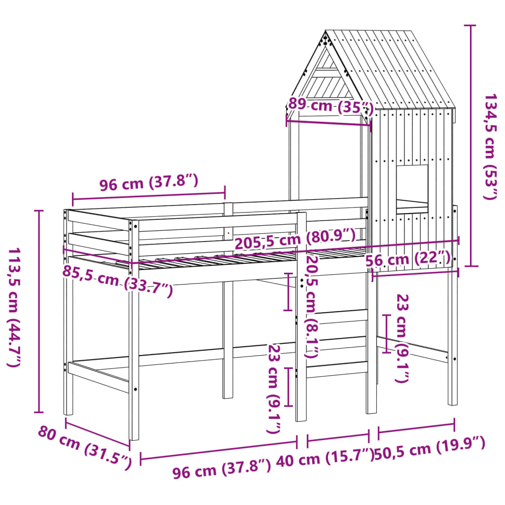 vidaXL Posteljni okvir z lestvijo in streho 80x200 cm borovina