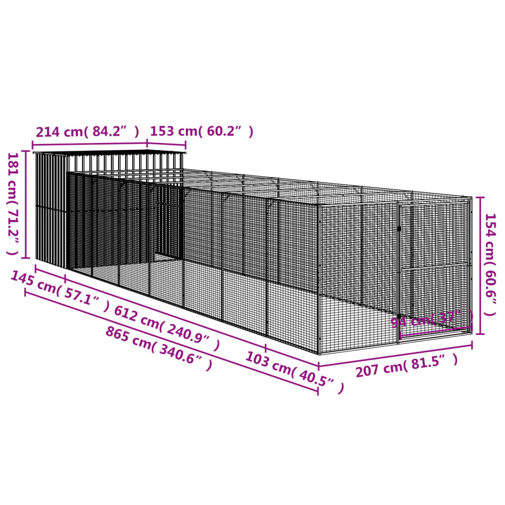 vidaXL Pasja uta z izhodom antracitna 214x865x181 cm pocinkano jeklo