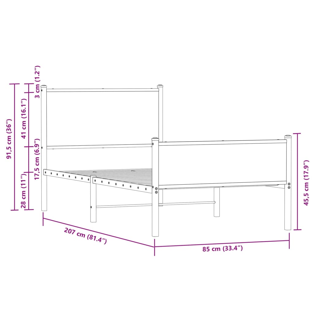 vidaXL Kovinski posteljni okvir z vzglavjem in vznožjem 80x200 cm