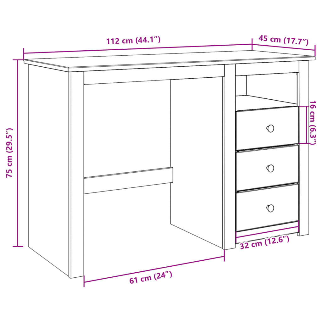 vidaXL Pisalna miza Panama 112x45x75 cm trden borov les