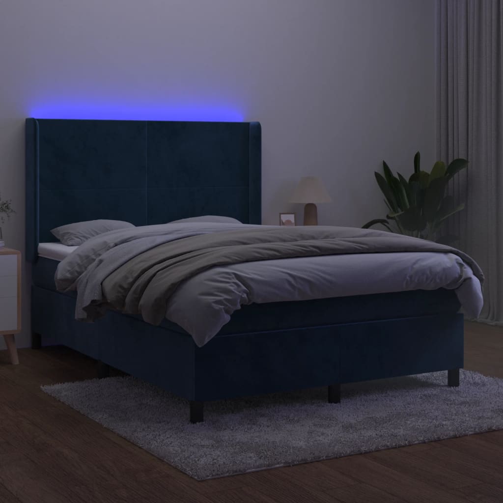 vidaXL Box spring postelja z vzmetnico LED temno modra 140x190cm žamet