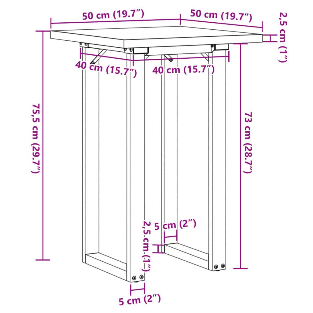 vidaXL Jedilna miza O okvir 50x50x75,5 cm trdna borovina lito železo