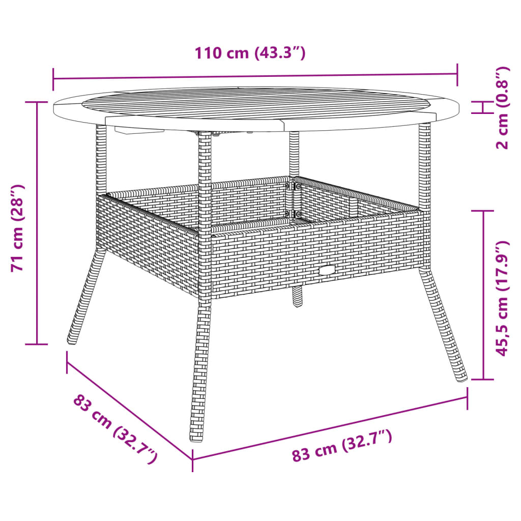 vidaXL Vrtna miza z leseno mizno ploščo bež Ø110x71 cm poli ratan