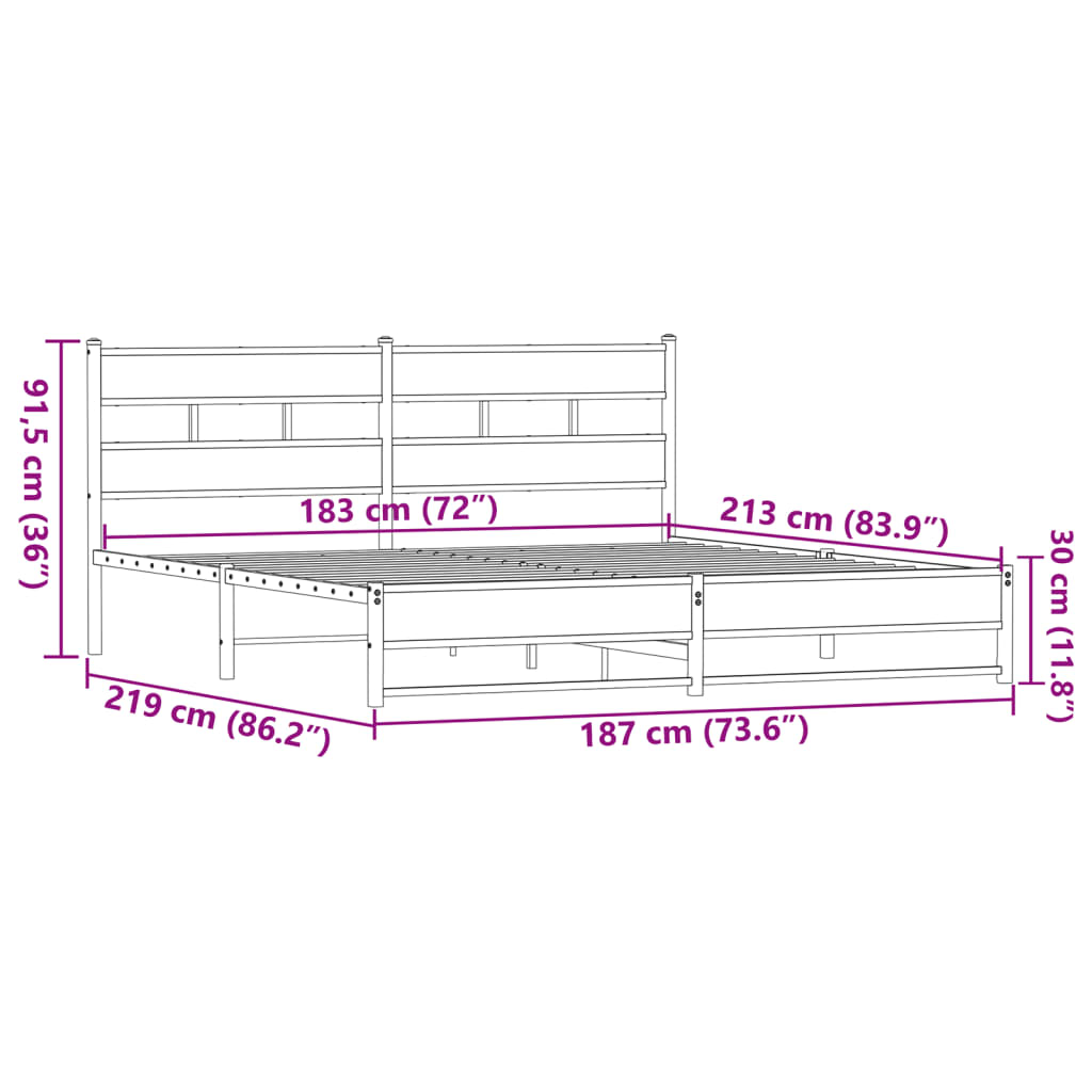 vidaXL Kovinski posteljni okvir brez vzmetnice rjavi hrast 183x213 cm