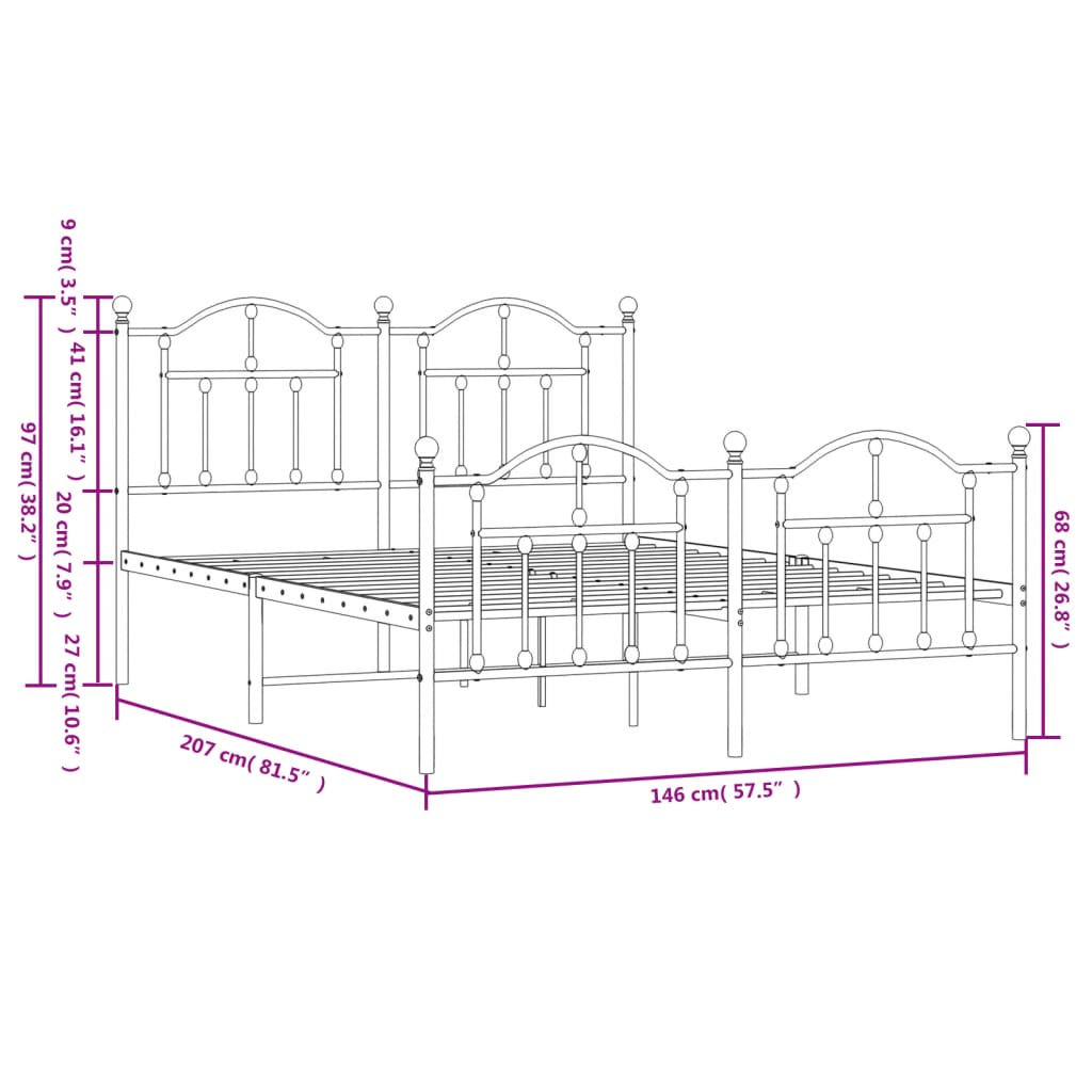 vidaXL Kovinski posteljni okvir z vzglavjem in vznožjem bel 140x200 cm