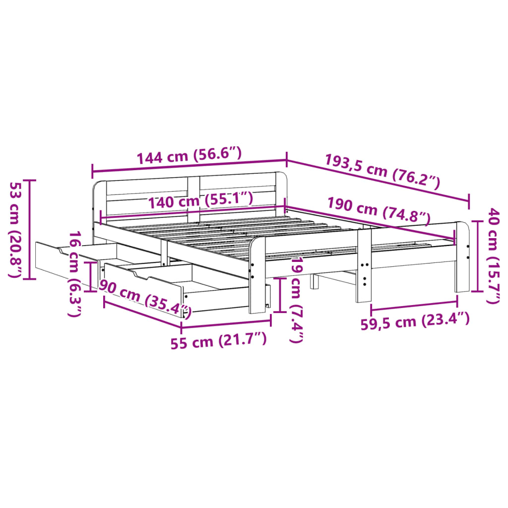 vidaXL Posteljni okvir brez vzmetnice 140x190 cm trdna borovina