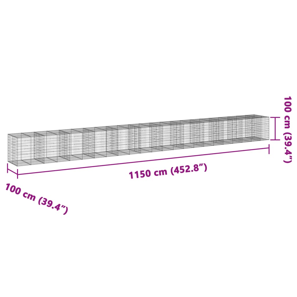 vidaXL Gabionska košara s pokrovom 1150x100x100 cm pocinkano železo