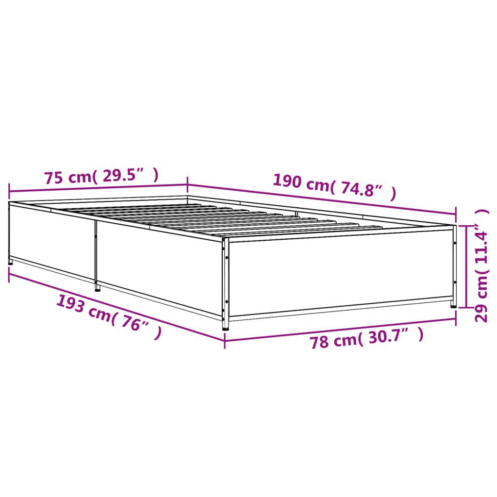 vidaXL Posteljni okvir sonoma hrast 75x190 cm inženirski les in kovina