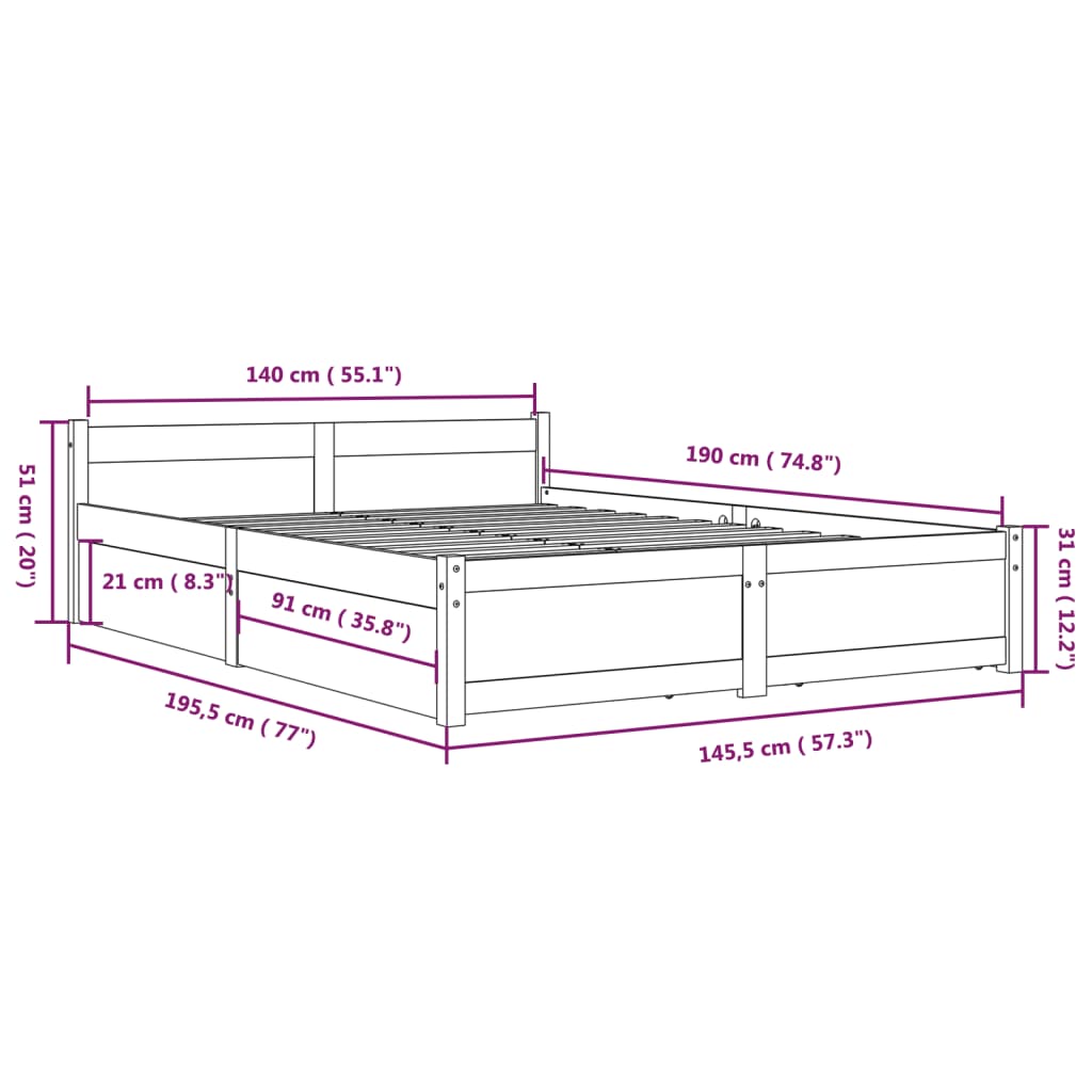 vidaXL Posteljni okvir s predali črn 140x190 cm