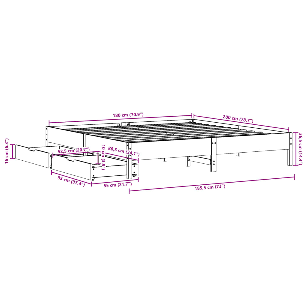 vidaXL Posteljni okvir brez vzmetnice bel 180x200 cm trdna borovina