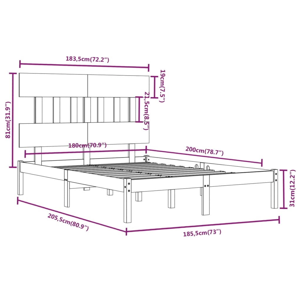 vidaXL Posteljni okvir črn iz trdnega lesa 180x200 cm