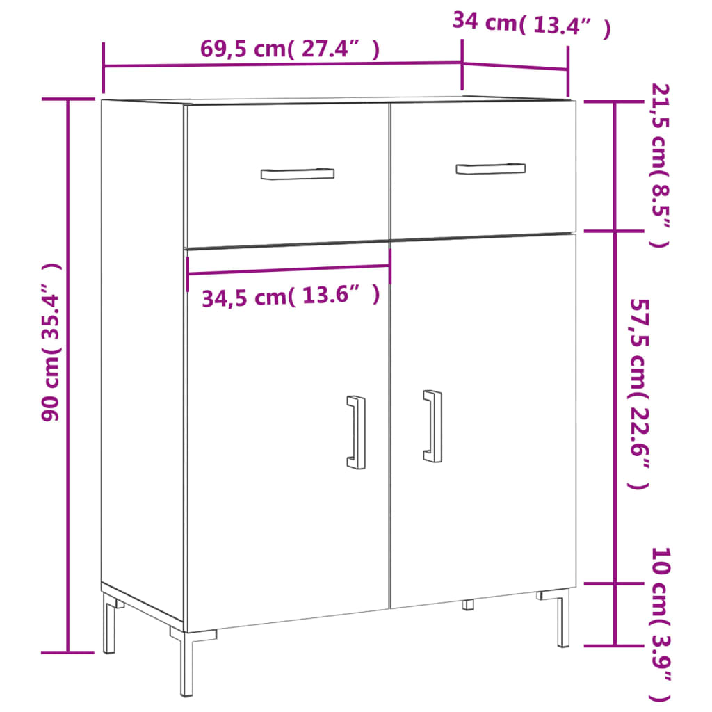 vidaXL Komoda visok sijaj bela 69,5x34x90 cm inženirski les