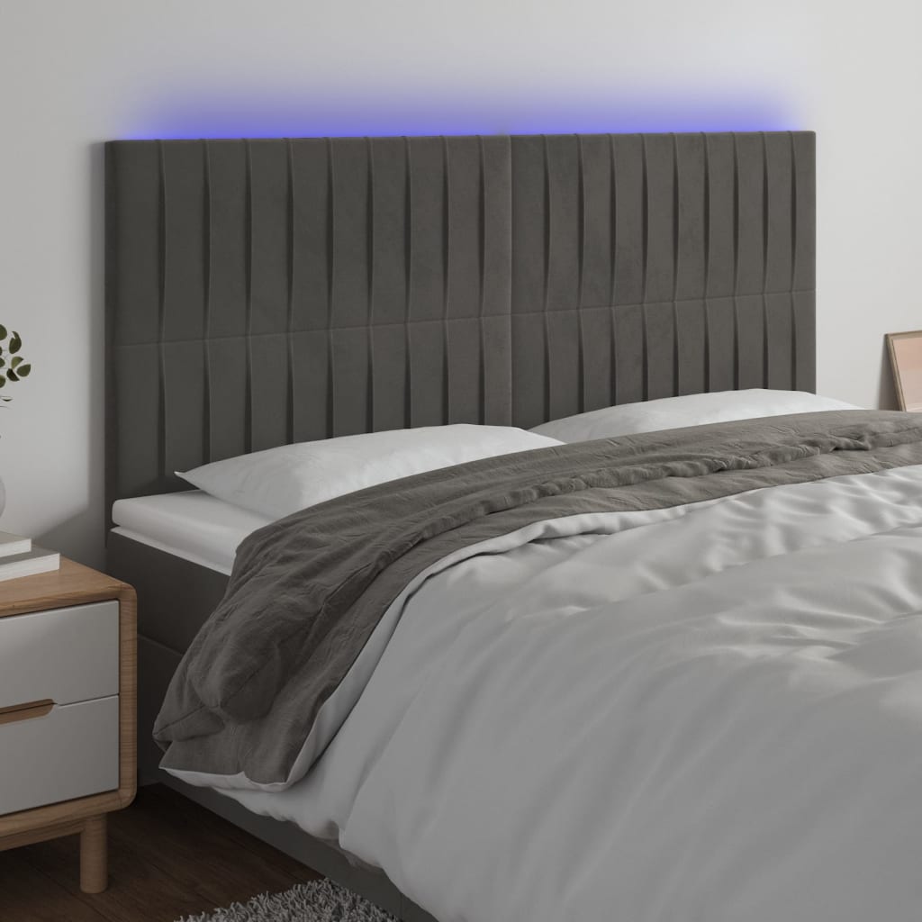 vidaXL LED posteljno vzglavje temno sivo 180x5x118/128 cm žamet