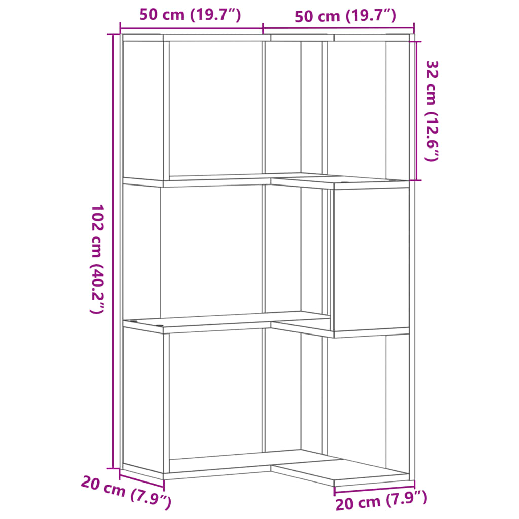 vidaXL Kotna knjižna omara 3-nadstropna siva sonoma 50x50x102 cm