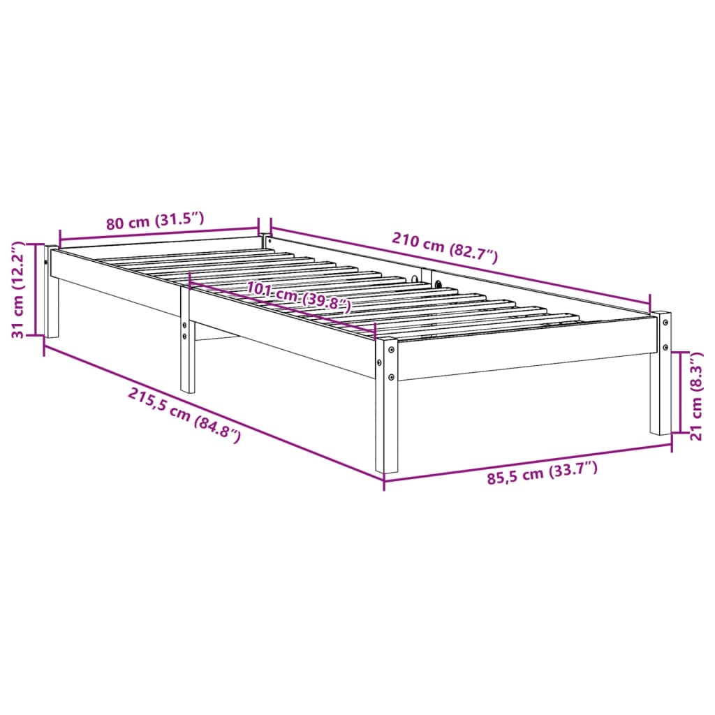 vidaXL Daljši posteljni okvir brez vzmetnice 80x210 cm trdna borovina