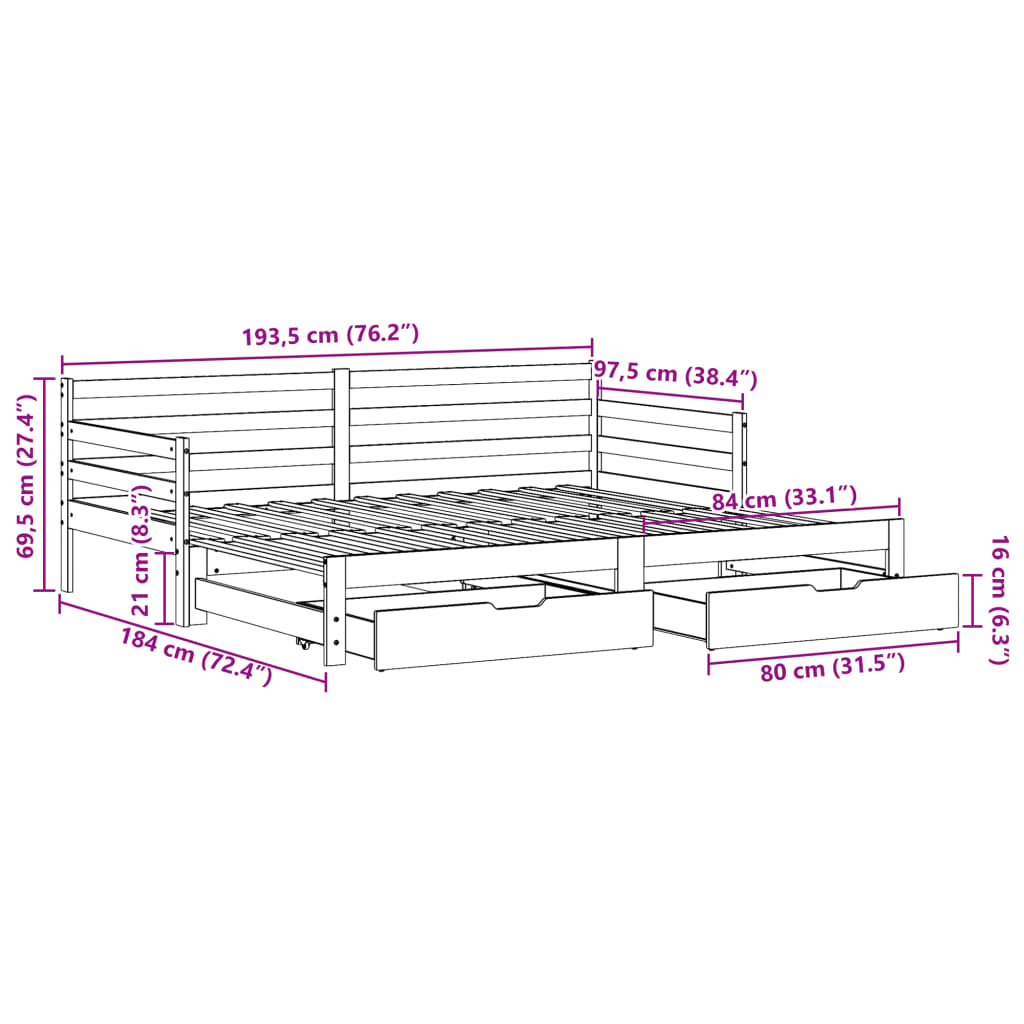 vidaXL Izvlečna dnevna postelja s predali bela 90x190 cm borovina