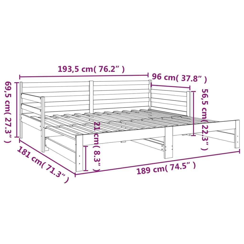 vidaXL Izvlečna dnevna postelja siva 2x(90x190) cm trdna borovina