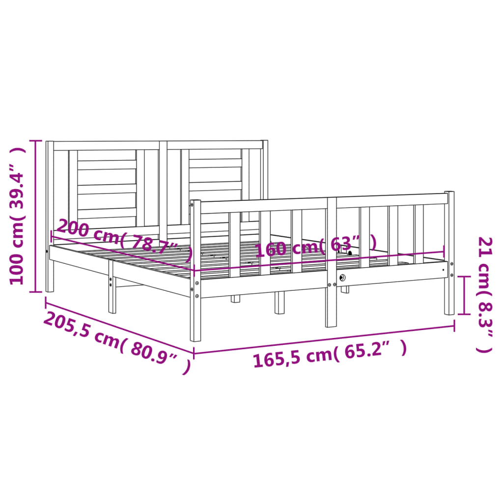 vidaXL Posteljni okvir z vzglavjem bel 160x200 cm trden les