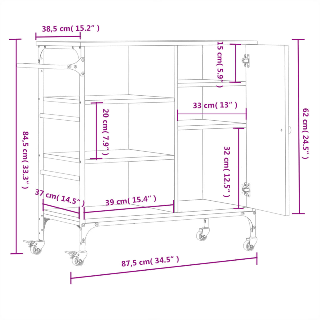 vidaXL Kuhinjski voziček siva sonoma 87,5x38,5x84,5 cm inženirski les