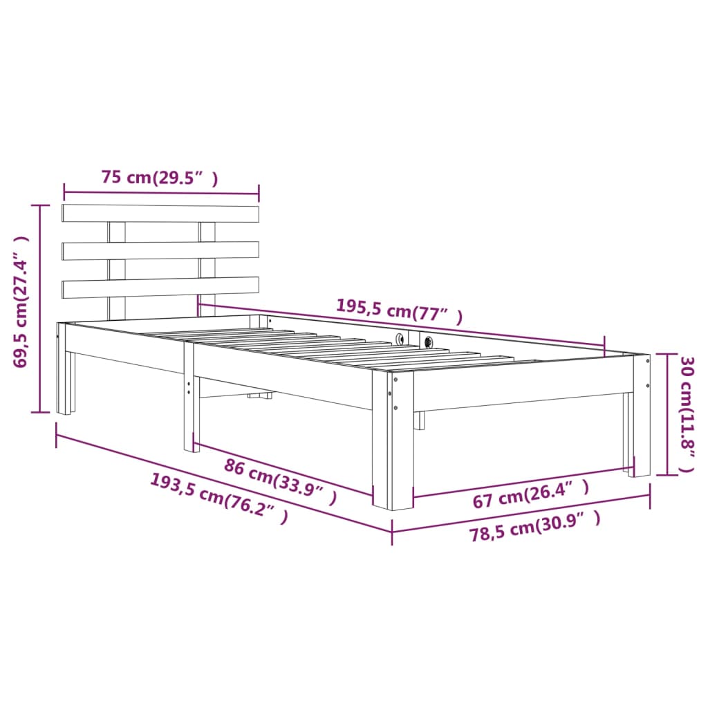 vidaXL Posteljni okvir bel iz trdnega lesa 75x190 cm