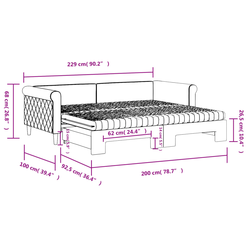 vidaXL Izvlečna dnevna postelja z vzmetnico tem. siva 90x200 cm žamet