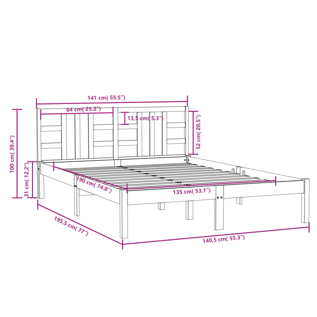 vidaXL Posteljni okvir bel iz trdnega lesa 135x190 cm