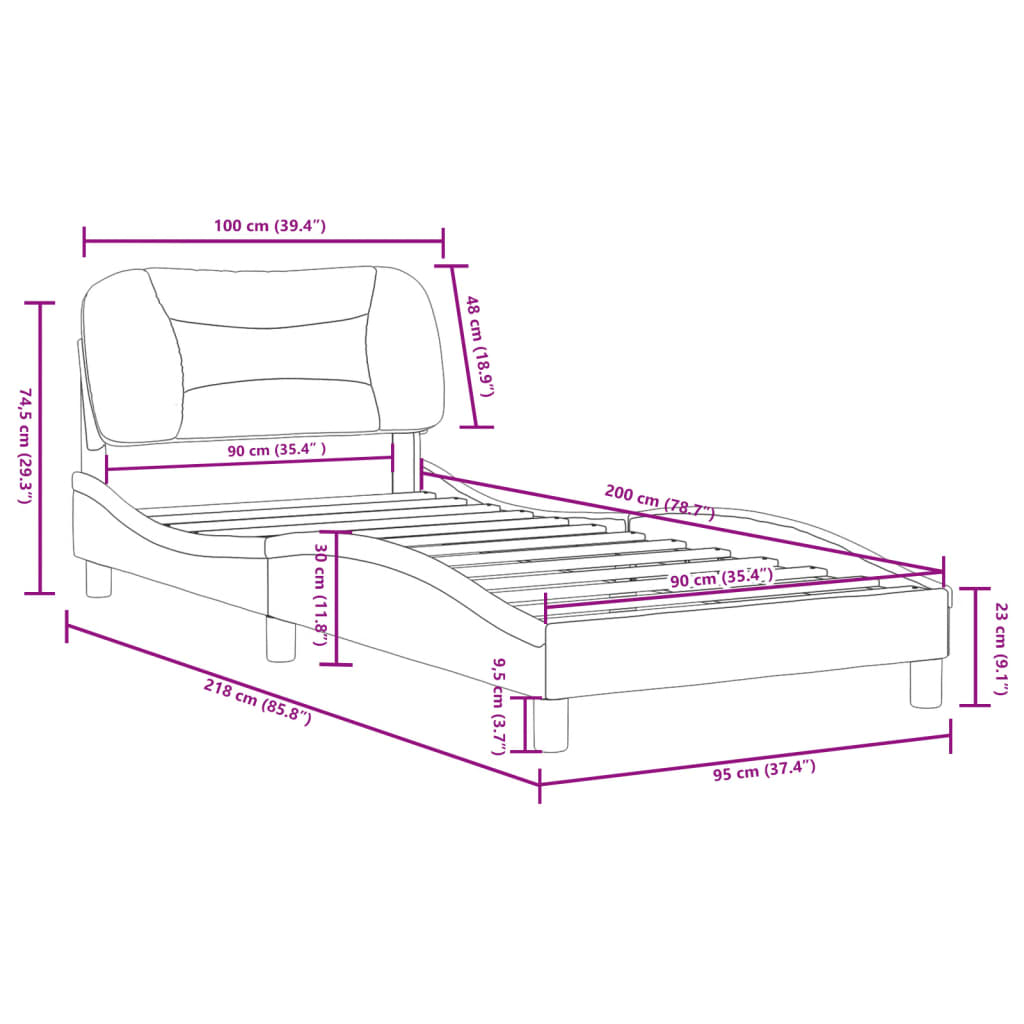 vidaXL Posteljni okvir z vzglavjem bel in črn 90x200 cm umetno usnje