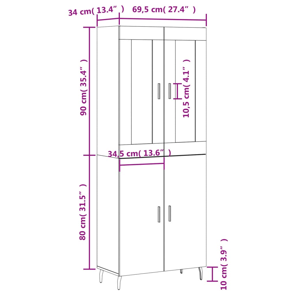 vidaXL Visoka komoda črna 69,5x34x180 cm inženirski les