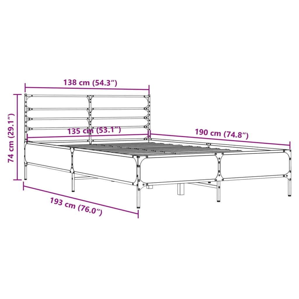 vidaXL Posteljni okvir sonoma hrast 135x190 cm inž. les in kovina