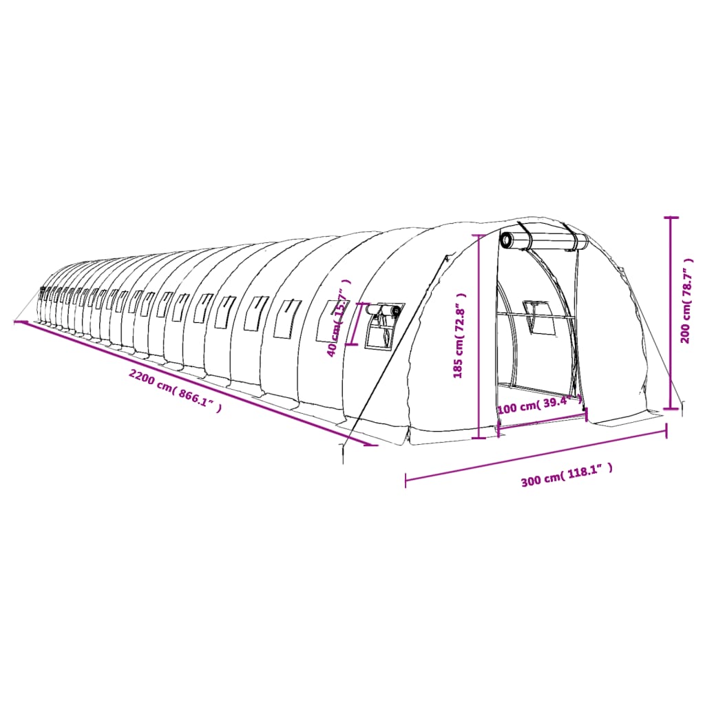 vidaXL Rastlinjak z jeklenim ogrodjem zelen 66 m² 22x3x2 m