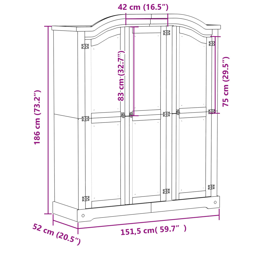 vidaXL Garderobna omara Corona bela 151,5x52x186 cm trdna borovina