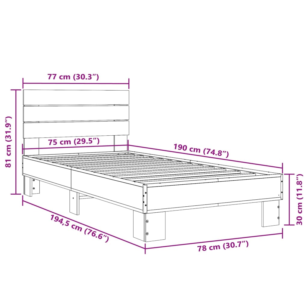 vidaXL Posteljni okvir rjav hrast 75x190 cm inženirski les in kovina