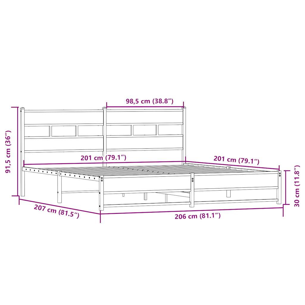 vidaXL Kovinski posteljni okvir brez vzmetnice sonoma hrast 200x200 cm