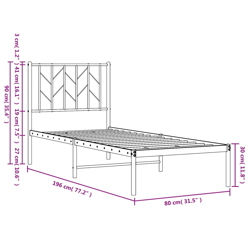 vidaXL Kovinski posteljni okvir z vzglavjem črn 75x190 cm