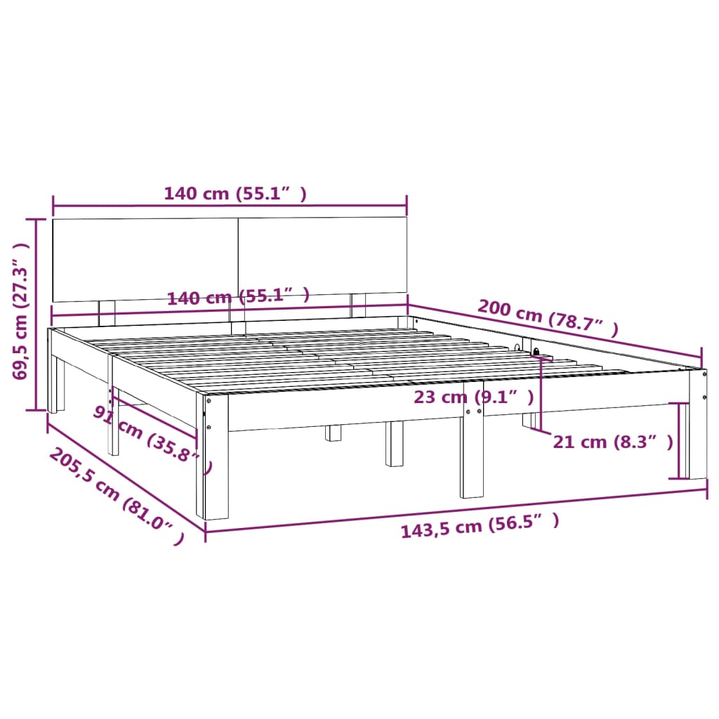 vidaXL Posteljni okvir medeno rjav iz trdne borovine 140x200 cm