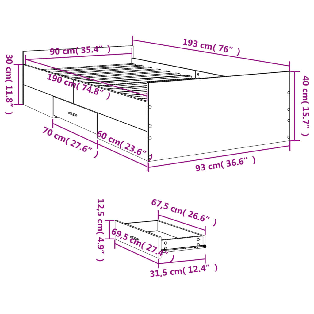 vidaXL Posteljni okvir s predali siva sonoma 90x190 cm inženirski les