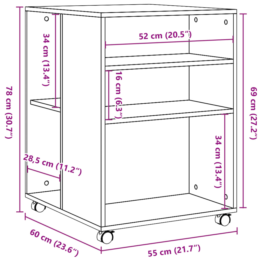 vidaXL Stranska mizica s kolesi rjav hrast 55x60x78 cm inženirski les