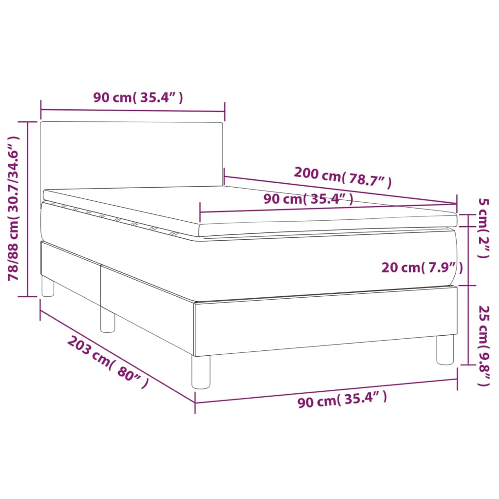 vidaXL Box spring postelja z vzmetnico LED siva 90x200 cm umetno usnje