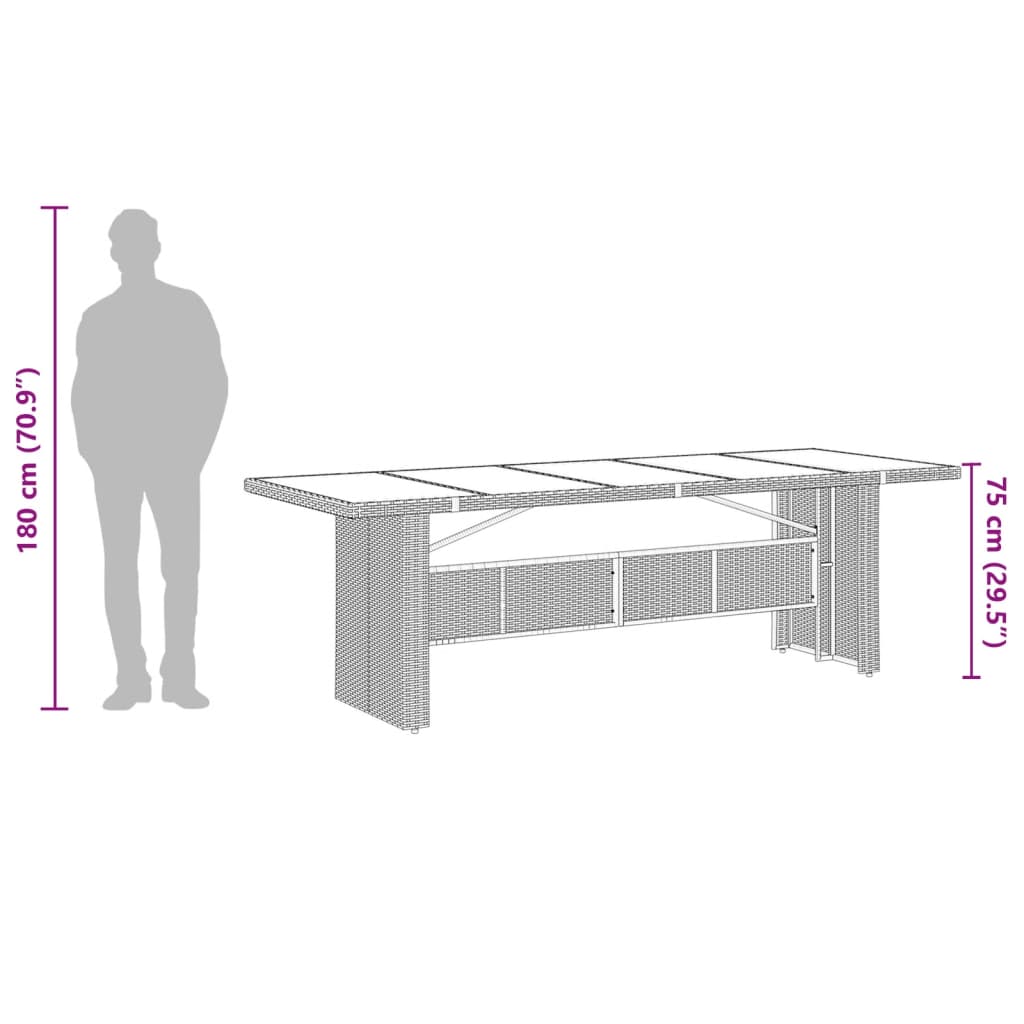 vidaXL Vrtna miza s stekleno ploščo črna 240x90x75 cm poli ratan