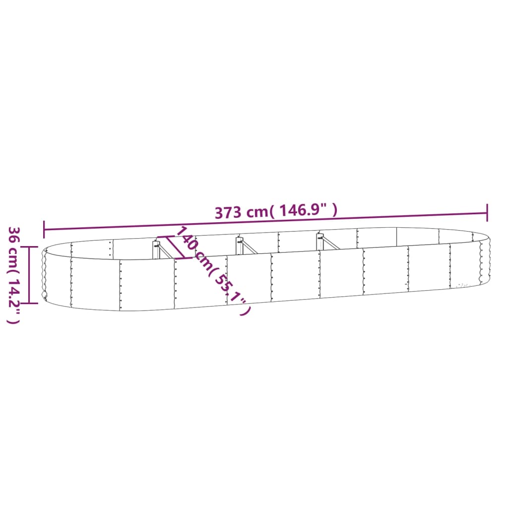 vidaXL Visoka greda iz prašno premazanega jekla 373x140x36 cm srebrna