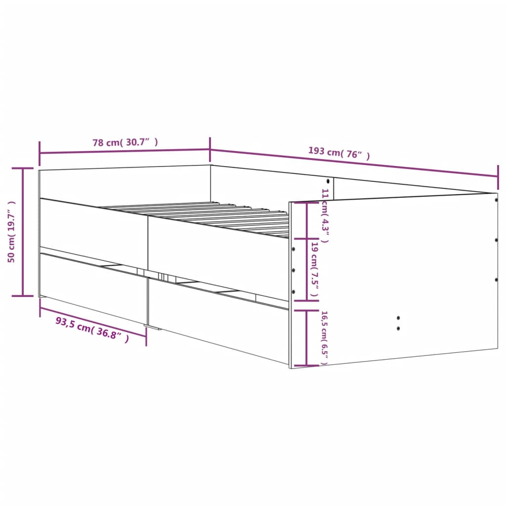 vidaXL Posteljni okvir s predali dimljen hrast 75x190 cm