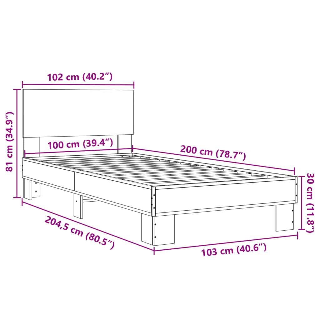 vidaXL Posteljni okvir dimljeni hrast 100x200 cm inž. les in kovina