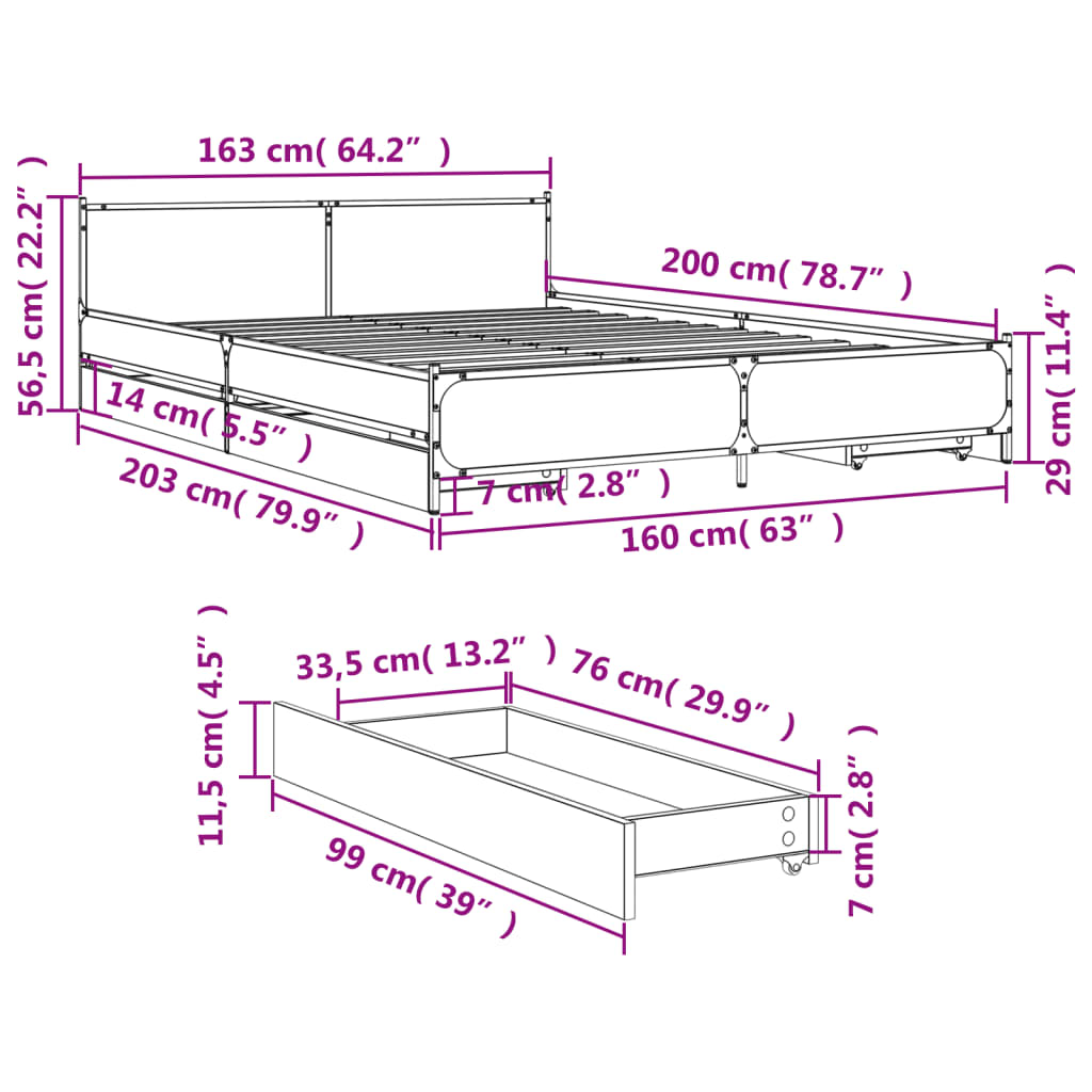 vidaXL Posteljni okvir s predali črn 160x200 cm inženirski les