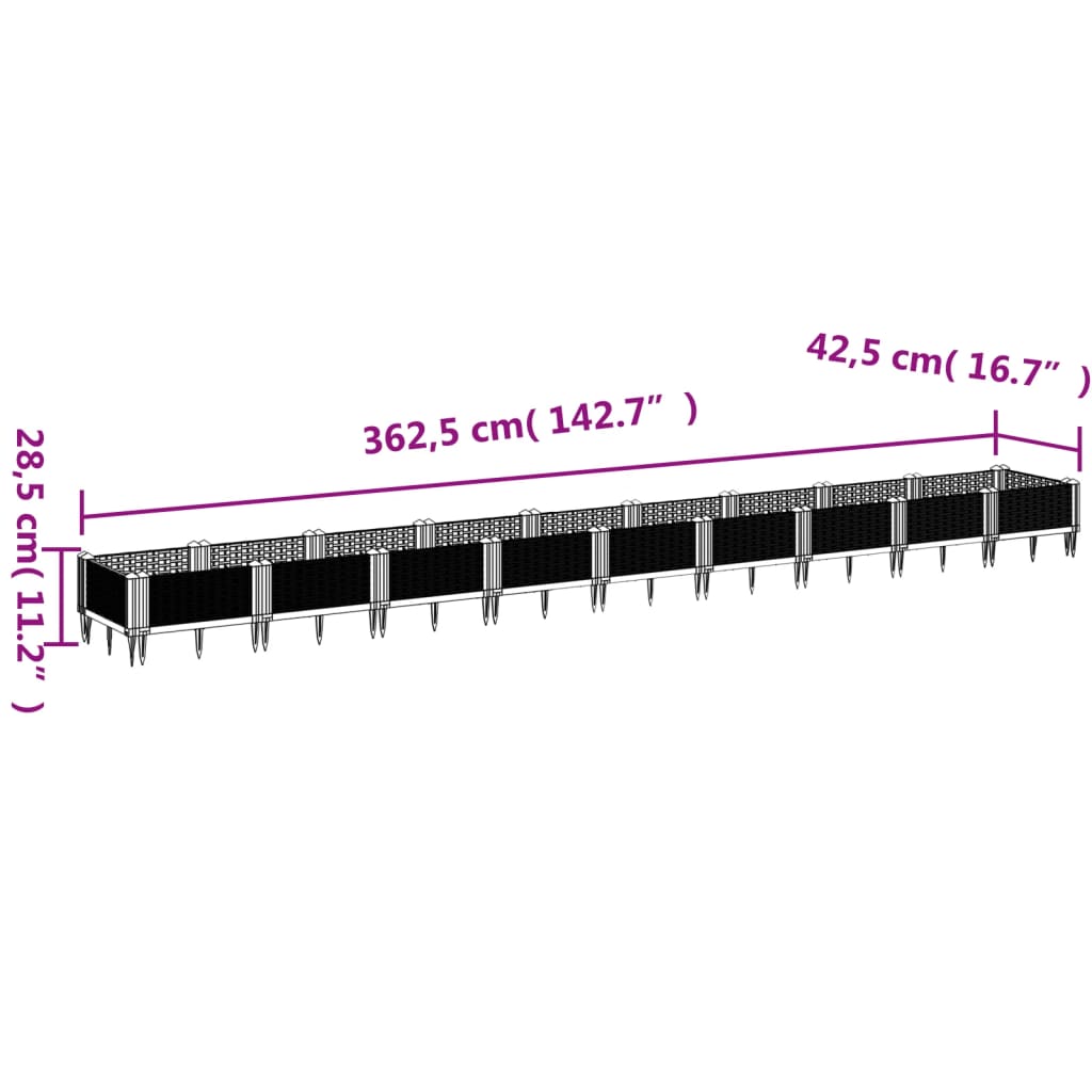 vidaXL Cvetlično korito z zatiči svetlo sivo 362,5x42,5x28,5 cm PP