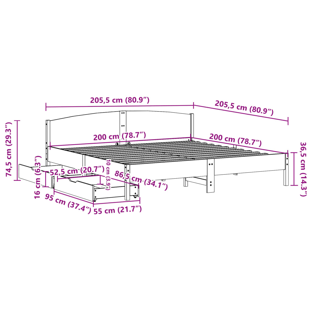 vidaXL Posteljni okvir brez vzmetnice 200x200 cm trdna borovina